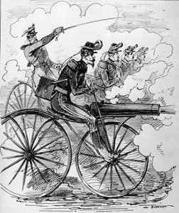 Vtipná rytina: Velocipedománie aplikovaná na kulomety - 19. století. od Unknown artist