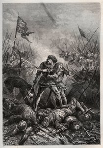 Stoletá válka: Francouzský král Jan II. Dobrý a jeho syn Filip II. Burgundský (1342-1404), známý jako „Philippe le Hardi“, bojující proti Angličanům v bitvě u Poitiers dne 19.09.1356 (král Francie Jan II Francouzský (1319-1364) a jeho syn Filip od Unknown artist