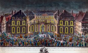 Iluminace biskupského paláce města Štrasburku při oslavách pořádaných městem během pobytu krále Ludvíka XV. (1710-1774) v rekonvalescenci po těžké nemoci dne 5. 10. 1744. Period Print Private Collection od Unknown artist