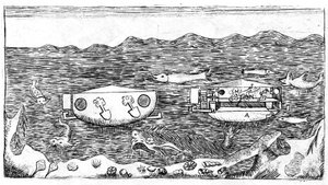Ilustrace konce 18. století o tom, jak se plavit pod vodou v "" Nové pojednání o skutečné rektifikaci kružnice měřené přesně s průměrem, užitečné pro trigonometrii ... S pojednáním o tom, jak se plavit pod vodou, v od Unknown artist