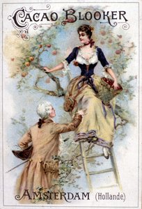 Reklamní ilustrace na kakao Blooker zobrazující módního mladého muže z 18. století, který pomáhá mladé ženě sestoupit ze žebříku. od Unknown artist