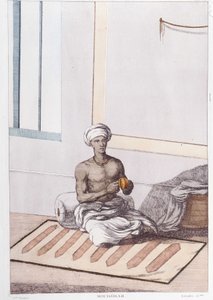 Indická kultura, civilizace a společnost: hudebník s tradičními indickými perkusemi. Rytina z roku 1808. od Unknown artist