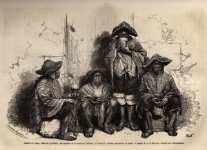 Indiáni z Cuzca (Peru), vetus manty, sandály a tradiční sombrero, zaměstnaní jako dělníci při těžbě guánových ložisek na ostrovech Chincha, pijí šíšu, ale fermentovanou brandy. Rytina k ilustraci Les iles Chincha, rect L.Simo od Unknown artist