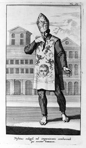Výslech. Oděv Samarry, který kajícníci nosili. Rytina z historie inkvizice, Amsterdam 1692. od Unknown artist
