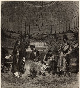 Uvnitř tureckého stanu (Turkmena, Irák), domova rodiny, s barhchi (hudebník, vypravěč) doprovázený dutarem, aby zpíval nebo recitoval poezii, jsou tito umělci velmi chyceni. Rytina k ilustraci příběhu Henriho de Blocqueville „14 mois de capti od Unknown artist
