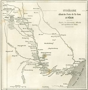 Trasa podél řeky Hai He poblíž Tien Tsin (Tien-Tsin, Tianjin) do Pekinu (Peking), Čína. Mapa v „“ Le Tour du Monde, New Journal of Travels “, editoval Edouard Charton, Paříž od Unknown artist