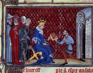 Jacques Bauchant představuje svou knihu králi Karlu V. (1338-1380) Miniatura převzatá z „“ Cesty Boha a vize svaté Alžběty von Schonau (1128-1164) „“ od Jacquese Bauchanta ze Saint Quentin (? -1396), Paříž, B.N. od Unknown artist