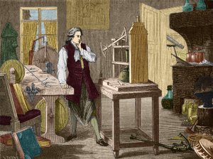 James Watt studující zdokonalení stroje Newcomen (1767) (parní stroj) - v „“ Album of Science; věhlasní vědci; Velké objevy “”” 1896. od Unknown artist