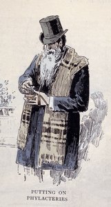 Židovské náboženství: starý židovský muž nosící modlitební limetku (Talit nebo Tzitzit), rytina z roku 1890 od Unknown artist