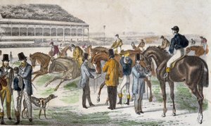 Žokejové a jejich koně před dostihem - rytina, c. 1850 od Unknown artist