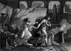 Joseph prchající před manželkou Putifara (Potifar) ve snaze svést litografii 19. století od Unknown artist