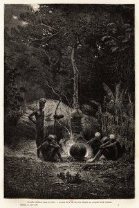Kanaks vaří v lese, na území Pamale. Engravure pour illustrrer le voyage à la Nouvelle Caledonie, od Julese Garniera, stavebního inženýra dolů, v letech 1863-1866, publikovaná v „Le tour du monde, nouveau journal des voyages“, editoval Edouard C. od Unknown artist