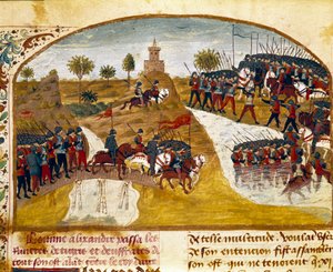 Král Alexandr Veliký (356-323 př. n. l.) a jeho armáda míjí Tygr a miniaturní Eufrat z „Knihy faktů Alexandra Velikého““ od Quinta Curtius Rufus (Quinte Curce) (1. století), asi 1468. 1335) Remeš. Městská knihovna od Unknown artist