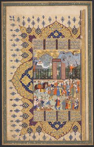 King Luhrasp Ascend the Throne: A Processon Arrives at Court, recto levého folia dvoustránkové kompozice ze Shahnamy (Knihy králů) z Firdausi (940-1019 nebo 1025) od Unknown artist
