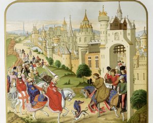 "" Francouzský král Karel IV. přijal návštěvu své sestry anglické královny Isabely Francouzské (1292-1358), manželky Eduarda II., která se sem přišla uchýlit "" Podle kronik Jeana Froissarta. Barcelona 19. století. Katalánská královská Sant Jordi od Unknown artist