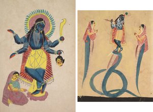 Krišna jako Kálí uctívaný Radhou (recta); Krišna potlačuje prostupující Káliju (Verso) od Unknown artist