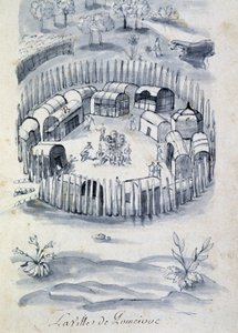 Město Pomeivue (koloniální tábor v Kanadě) - v „“ Dialog nebo rozhovor Francouze s divochem“ od Unknown artist