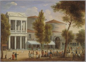 Le théâtre des Variétés et le passage des Panoramas, boulevard Montmartre, asi 1825, asi 1825 (olej na kartě) od Unknown artist