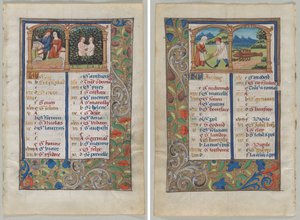 List z knihy hodin: Stránka kalendáře na květen (recto) a stránka kalendáře na červen (verso) (2 ze 3 vyjmutých listů) od Unknown artist