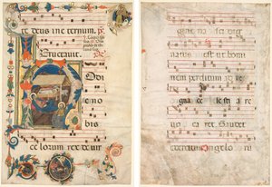 List z antifonáře s historickou iniciálou (H) s Narozením (recto) a hudbou (verso) od Unknown artist