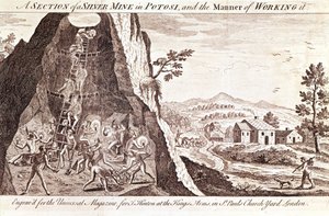 Stříbrné doly v Potosí v Bolívii. 19. století rytina. od Unknown artist