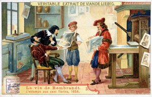 Liebigova chromolitografie o životě Rembrandta (1606 - 1669) holandského malíře. Toto je tisk 100 zlatých v roce 1654. od Unknown artist