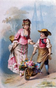 Malý zahradník: mladý chlapec s kolečkem plným květin si povídá s mladou ženou na cestě do vesnice. Chromolitograf 1880. od Unknown artist