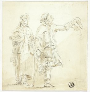 Muž o berlích žebrání, se ženou, která zpívá a drží dítě od Unknown artist