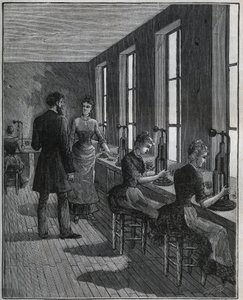 Výroba kovových peří: dílna na decoupage ve Francii v 19. století. Rytina z roku 1885 v „“Les arts et metiers illustres““ od Adolphe BITARDA. od Unknown artist
