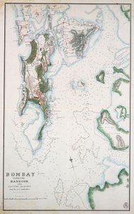 Mapa Bombaje s přístavem a přilehlou krajinou, zobrazeno také Arabské moře a Perský záliv, asi 1855 (tuš, akvarel) od Unknown artist