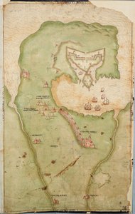 Mapa Smerwicku v Irsku, na které je zobrazen anglický zemní val se dvěma děly pro útok na španělskou pevnost a angličtí vojáci pochodující z Castell More od Unknown artist