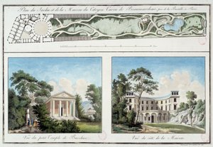 Mapa zahrady a domu francouzského spisovatele a dramatika Pierra Augustina Carona de Beaumarchais (1732-1799) na současném Boulevard Beaumarchais v Paříži. Rytina kolem roku 1795 Paříž, Musee Carnavalet od Unknown artist