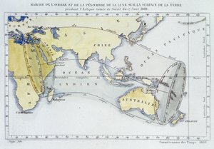Mapa, publikovaná Bureau of Longitudes, ukazující pochod stínu a temnoty Měsíce na zemském povrchu během zatmění v roce 1868 od Unknown artist
