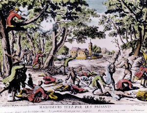 Nájezdníci zastřelení rolníky. Tisk 18. století Paris, B.N. od Unknown artist