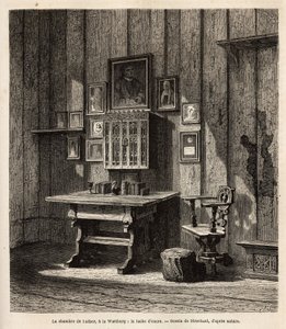 Pokoj Martina Luthera (1483-1546) ve Wartburgu, kam se uchýlil po své exkomunikaci v roce 1521, s jeho portrétem a portréty jeho rodičů nad psacím stolem, pod jejichž očima překládal Bibli do němčiny a přepisoval své nejznámější texty. Inkoust od Unknown artist