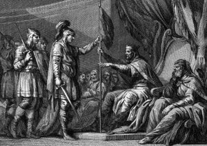 Merovejské období: starosta paláce (hodnostář království) složil před nástupem do úřadu přísahu. Přísahá eveques a lordům regionu, že si ponechají jejich příslušná práva. Rytina 18. století. od Unknown artist
