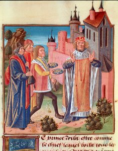 Středověk: „“ Princ dostává daně od svých vazalů“““ Miniatura převzatá z „“Knihy dobrých mravů“““ od Jakuba Velikého od Unknown artist