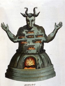 Moloch. Starověké kartáginské božstvo. Děti jsme mu obětovali tím, že jsme je hodili do plamenů. Rytina 19. století. od Unknown artist