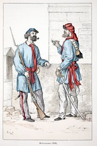 Montagnardů (1848). Eau forte en couleurs, pour ilustraci “” Histoire du corps des gardiens de la paix””” kniha vydaná pod záštitou Louis Lepine (1846-1933) prefet de police de la Seine, Alfred Rey (1864-?) a Louis Feron (1862-?), editi od Unknown artist