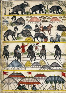 Mughalský vojenský tábor. Stránka z rukopisu (ms.8300) „“Historie Mogolu““ (Moghul nebo Moghol) od Stefana Nivibuse Cardeiry. 18. století. Bibloteca marciana, Benátky od Unknown artist