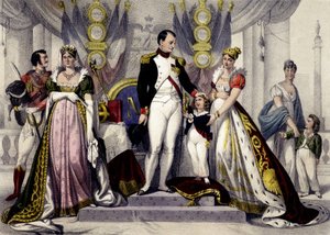 Napoleonská dynastie v letech 1804 až 1815. Josefína, Napoleon I., král římský, Marie Louise. Rytina 19. století. od Unknown artist