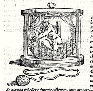 Druhý oblek Nicoli Fontany s názvem Tartaglia (1499 - 1557). Poskytuje křišťálovou kouli, do které se potápěč uzavře. Rytina 16. století. od Unknown artist