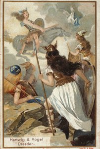 Severská mytologie: Walkyries (panen válečníci) ve Valhollu (nebo Walhalla, Valhalla, Valhalle: místo, kam jsou přiváděni stateční válečníci) a pády válečníků v bitvě. chromolitografie z 19. století od Unknown artist