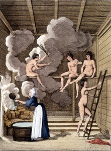 Nahé postavy v sauně Filandan. Rytina z roku 1811 obsahuje knihu o cestě.
