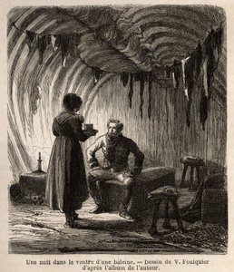Jedné noci v břiše velryby je autor přivítán na své cestě v búru, domově rybářů, jehož rám a nábytek jsou vyrobeny z kostry obrovského kytovce a z kůží tuleňů, koní a psů. Rytina pro ilustraci vo od Unknown artist