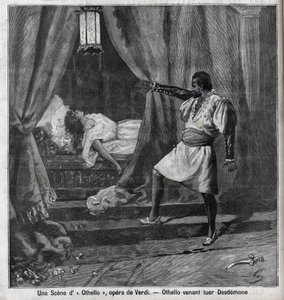 Othello právě zabil Desdemonu ve své posteli. Scéna opery “” Othello”” od Giuseppe Verdiho (1813-1901) Rytina v “”Le Parisien”” od Unknown artist