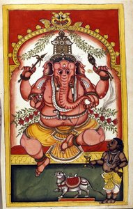Stránka zobrazující hinduistické božstvo Ganéšu (Ganesh nebo Ganapati), patrona obchodníků, cestovatelů a zlodějů. Stránka převzata z rukopisu (ms.8300) „“Historie Mogolu““ (Moghul nebo Moghol) od Stefana Nivibuse Cardeiry. 18. století. Bibloteca marciana, od Unknown artist