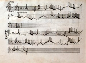 Strana hudební partitury Harmonice Musices Odhecaton od Ottaviana Petrucciho (1501) od Unknown artist