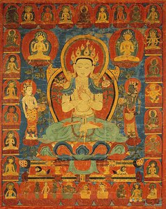 Malovaný prapor (thangka) bódhisattvy Maitréji obklopeného svou družinou od Unknown artist
