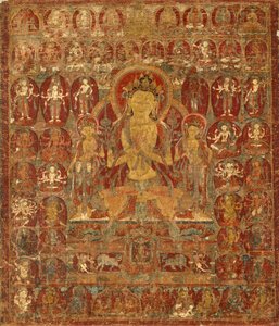 Malovaný prapor (thangka) bódhisattvy Mandžušrího s Vadžrapání (vpravo) a Padmapání (vlevo) od Unknown artist